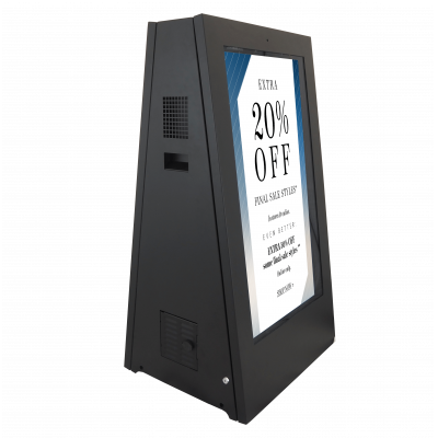 Rechte Seitenansicht der batteriebetriebenen digitalen Beschilderung.