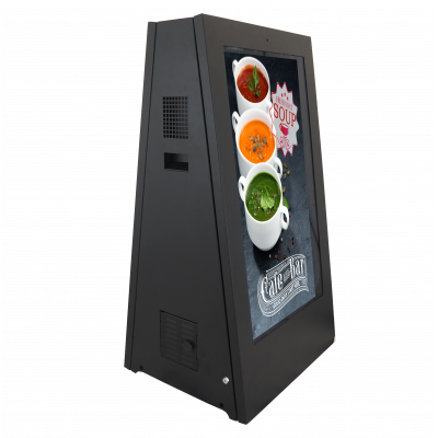 Outdoor battery-powered digital signs right-facing side view.