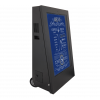 Wheeled digital advertising display right-facing side view.
