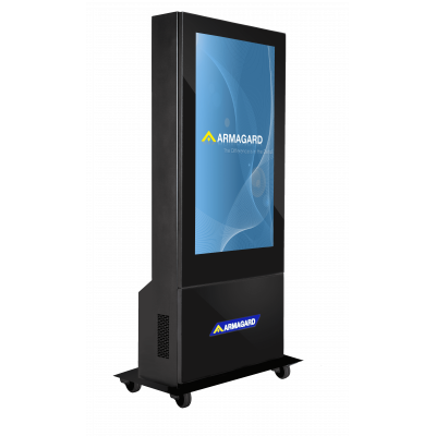 Freestanding digital poster right-facing side view.