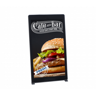 Signalétique numérique autoportante en forme de A, vue de côté à droite.