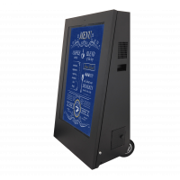 Cyfrowy wyświetlacz reklamowy na kołach, widok z boku skierowany w lewo.